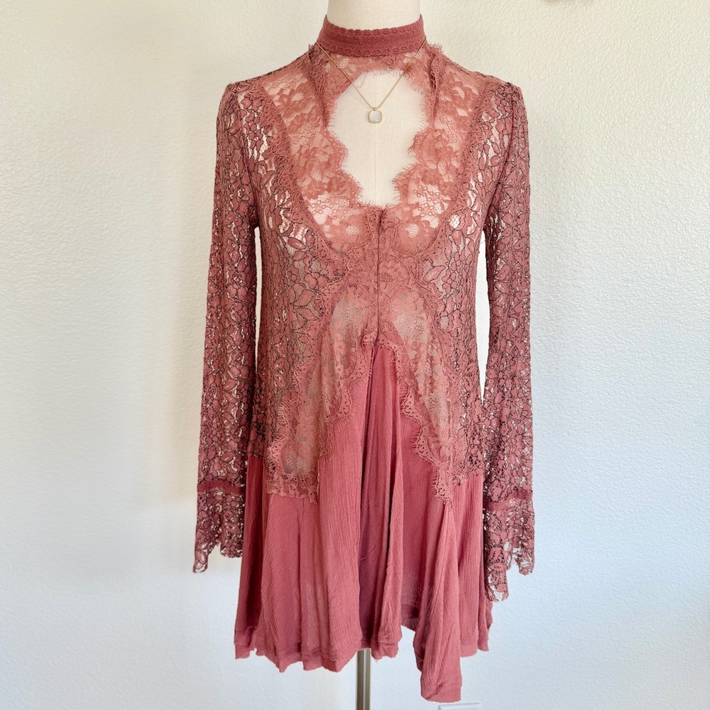 🌹 Free People Tell Tale Lace Mini Dress Tunic in Dusty Mauve Rose Pink XS
